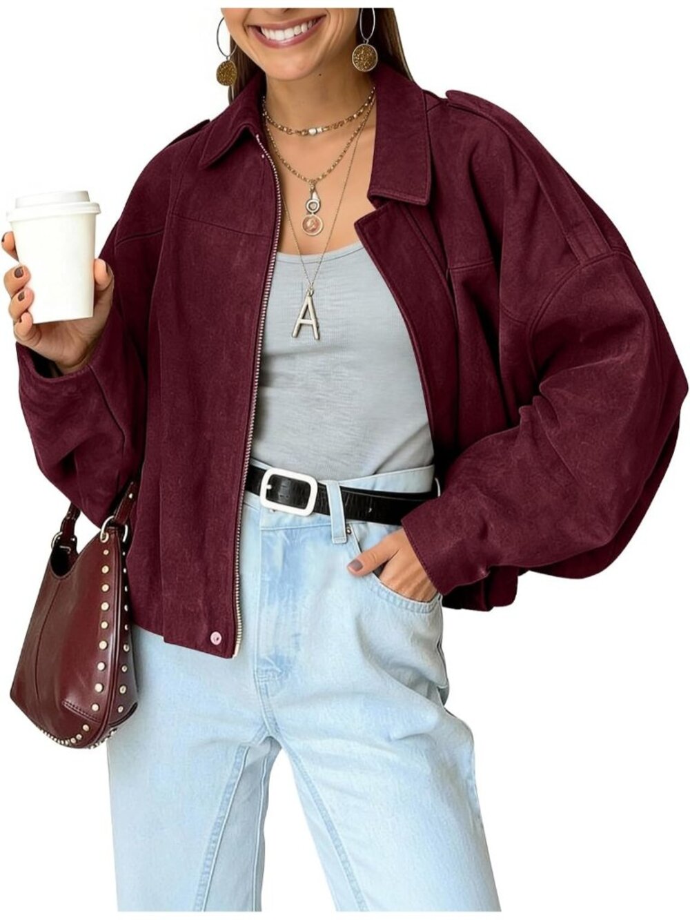 Women’s Wine Red Faux Suede Oversized Bomber Jacket Cropped Lapel Street Wear